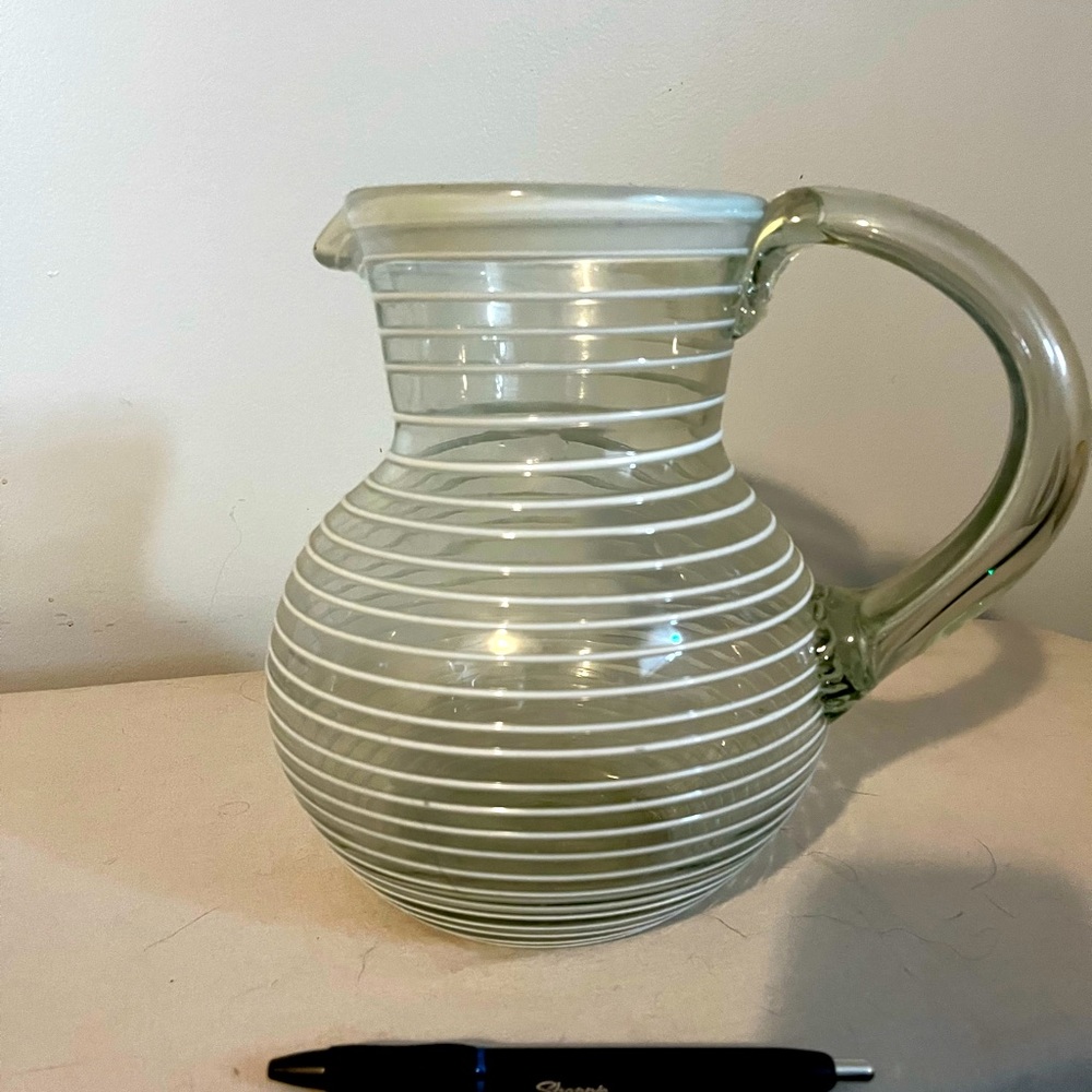 Handblown Recycled Glass Pitcher - Mexico, 'White Spirals'